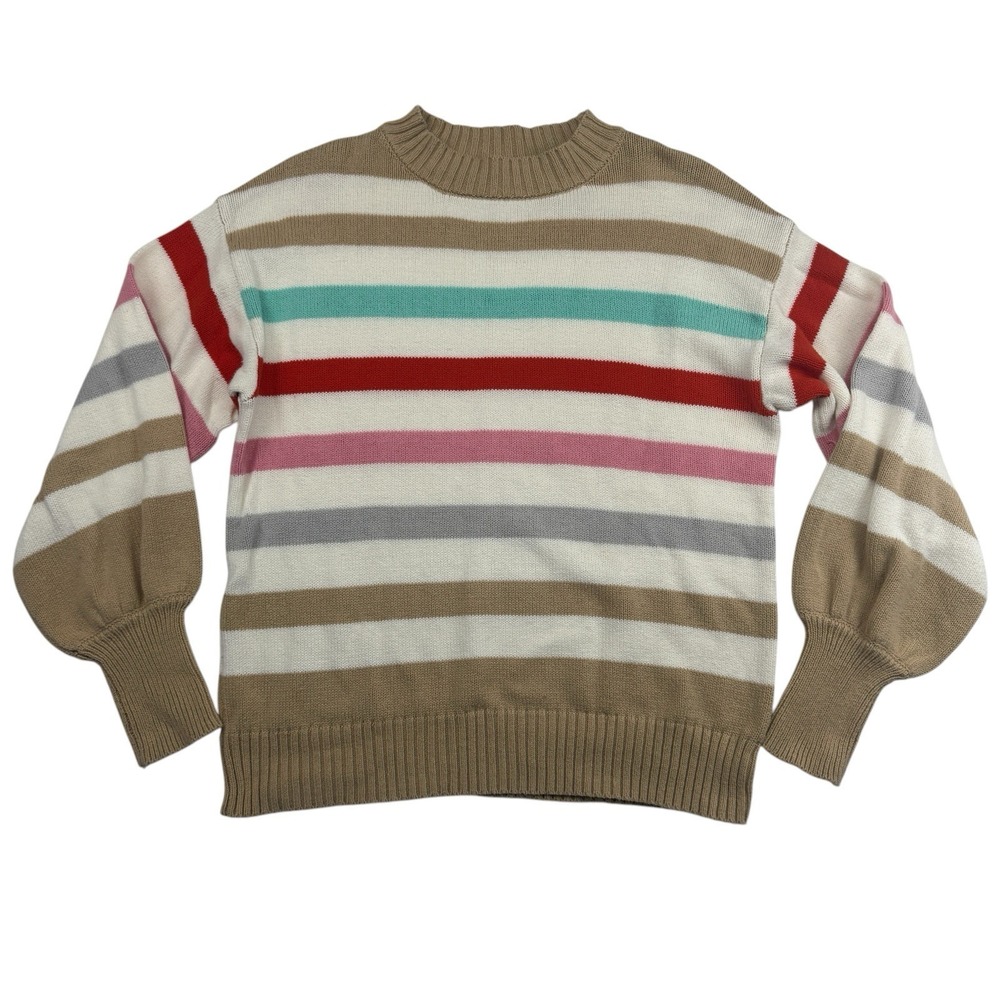 Crown & Ivy Striped Cable Knit Sweater Cotton Acrylic Blend Sz M Balloon Sleeve